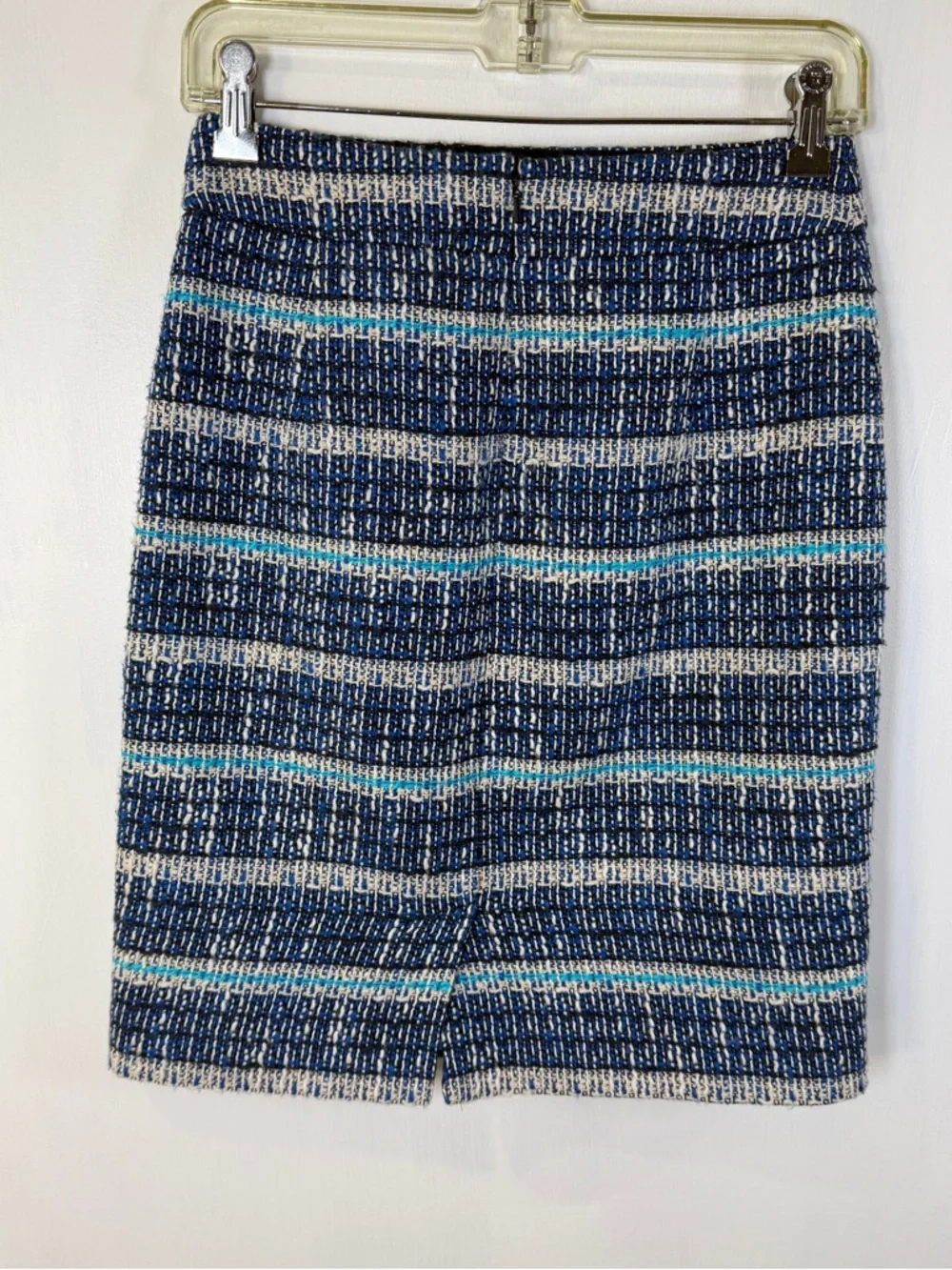 Tory Burch Navy and Cream Striped Knit Lined Pencil Skirt with Teal Accents Sz 0